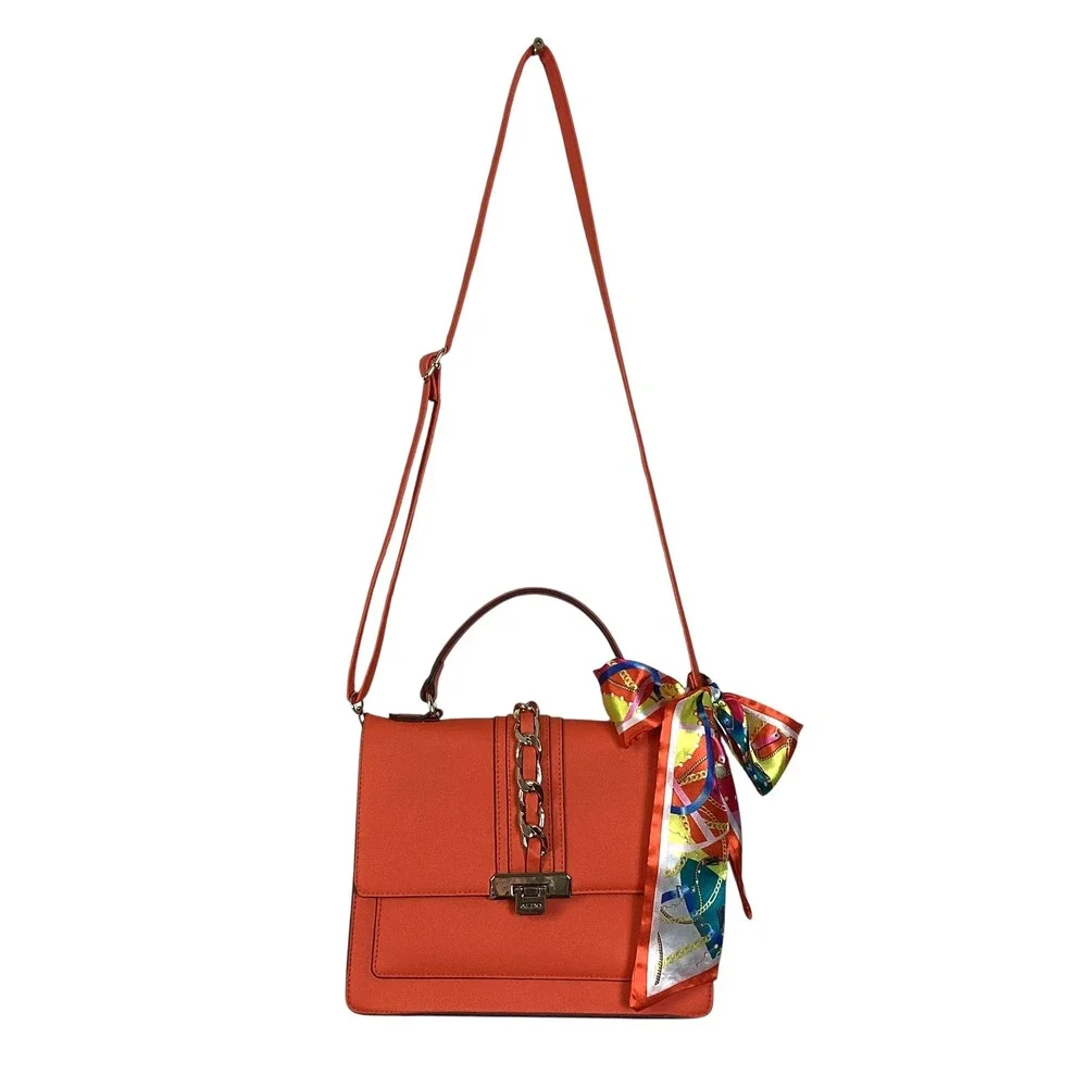 Aldo Orange Saffiano Satchel Handbag Gold Chain Scarf Accent Crossbody Bag